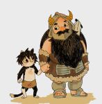  1boy 1girl affectionate beard black_hair brown_hair cat_girl cutystuffy dungeon_meshi dwarf facial_hair fake_horns full_body helmet highres holding_hands horned_helmet horns izutsumi long_beard senshi_(dungeon_meshi) standing thick_mustache very_long_beard 