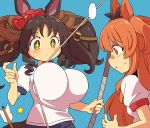  +_+ ... 2girls alternate_costume animal_ears arrow_(projectile) blue_background blush bow breast_conscious brown_hair closed_mouth highres horse_ears horse_girl long_hair marvelous_sunday_(umamusume) mayano_top_gun_(umamusume) multiple_girls mutsu_(hasepix) orange_eyes orange_hair simple_background twintails umamusume weapon 