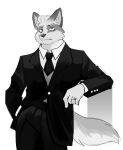  1boy absurdres animal_ears black_necktie black_suit echo_project english_commentary fox_boy fox_ears fox_tail furry furry_male grey_vest hand_in_pocket highres jewelry jim_sterling_(the_smoke_room) looking_at_viewer male_focus monochrome necktie ring shirt suit tail the_smoke_room thesketchfox vest white_shirt 