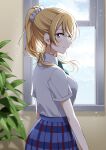  1girl ayase_eli blonde_hair blue_eyes blue_skirt blush bow bowtie breasts closed_mouth from_behind furrowed_brow green_bow green_bowtie indoors looking_at_viewer love_live! love_live!_school_idol_project medium_breasts medium_hair otonokizaka_school_uniform plaid plaid_skirt ponytail school_uniform shirt short_sleeves sidelocks skirt smile solo standing summer_uniform surufuji upper_body white_shirt window 