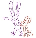  2016 anthro barefoot canine clothed clothing disney duo eye_contact female fox hand_holding judy_hopps lagomorph male mammal pointing rabbit simple_background smile standing tggeko white_background zootopia 