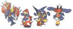  black_sclera claws fusion garchomp gen_4_pokemon gen_7_pokemon highres lineup looking_at_viewer mayu_(moymoy2711) no_humans nose_piercing nose_ring piercing pokemon pokemon_(creature) sharp_teeth shell simple_background tapu_bulu tapu_fini tapu_koko tapu_lele teeth white_background 