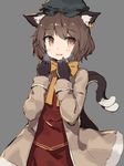  animal_ear_fluff animal_ears black_gloves blush bow bowtie breath breathing_on_hands brown_eyes brown_hair cat_ears cat_tail chen coat eyebrows_visible_through_hair fang gloves hat highres jewelry looking_at_viewer mob_cap multiple_tails nekomata open_mouth shone short_hair simple_background single_earring solo tail touhou two_tails 