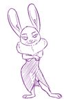  2016 anthro barefoot clothed clothing crossed_arms dewlap disney dress female half-closed_eyes judy_hopps lagomorph looking_at_viewer mammal monochrome nick_wilde purple_and_white rabbit simple_background solo standing tggeko white_background zootopia 