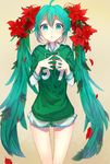  39 ahoge aqua_eyes aqua_hair commentary_request flower hair_flower hair_ornament hatsune_miku highres long_hair looking_at_viewer nail_polish poinsettia solo steepled_fingers thigh_gap tomozero twintails very_long_hair vocaloid 