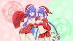  artist_name bag bell bell_collar blue_eyes blue_hair braid breasts christmas cleavage collar collarbone commentary_request expired-nep-bull expirednepbull hat highres iris_heart kami_jigen_game_neptune_v large_breasts midriff multiple_girls navel neptune_(series) purple_hair purple_heart red_eyes santa_costume santa_hat stomach symbol-shaped_pupils twin_braids 