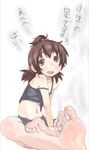  1girl barefoot blush brown_eyes brown_hair feet indian_style looking_at_viewer marui_futaba mitsudomoe open_mouth pov pov_feet sitting soles steam strap_slip toes translated 