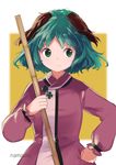  animal_ears artist_name bamboo_broom bangs broom closed_mouth commentary_request dress eyebrows_visible_through_hair green_eyes green_hair hand_on_hip highres holding kasodani_kyouko long_sleeves looking_to_the_side namauni short_hair solo touhou upper_body 