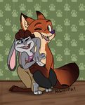  absurd_res canine clothed clothing disney duo female fox hi_res holmssie hug judy_hopps lagomorph male male/female mammal nick_wilde one_eye_closed open_mouth rabbit shirt tank_top topless zootopia 
