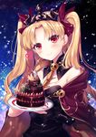  bangs black_leotard blonde_hair blush cake cape chocolate_cake earrings ereshkigal_(fate/grand_order) fate/grand_order fate_(series) food heart highres holding_cake jewelry kisaragi_saki leotard long_hair looking_at_viewer parted_bangs red_eyes red_ribbon ribbon single_sleeve skull smile snowing spine tiara tray two_side_up 