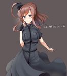  black_dress blue_eyes breast_pocket breasts brown_hair dark_background dress hair_between_eyes kantai_collection large_breasts long_hair minase_(takaoka_nanase) pocket ponytail saratoga_(kantai_collection) side_ponytail sidelocks simple_background smokestack_hair_ornament solo translated upper_body 