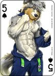  2017 abs anthro biceps canine card clothed clothing digital_media_(artwork) dog english_text fonyaa fur male mammal muscular muscular_male pecs playing_card simple_background smile solo standing text topless underwear undressing white_background 