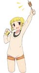  :d blonde_hair blush brown_eyes commentary cowboy_shot cropped_legs double_bun food grey_sweater hand_up harau holding long_sleeves looking_at_viewer open_mouth orange_shorts original short_eyebrows short_hair short_shorts shorts skewer smile solo standing sweater 