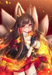  aircraft airplane akagi_(azur_lane) animal_ears azur_lane bad_id bad_pixiv_id bangs black_gloves blunt_bangs breasts brown_hair cleavage_cutout cowboy_shot crazy_eyes dated eyebrows_visible_through_hair fire fox_ears fox_tail gloves hand_up hattori_masaki japanese_clothes large_breasts lips long_hair long_sleeves looking_at_viewer multiple_tails pink_lips pleated_skirt red_eyes red_skirt signature skirt smirk solo standing tail thighhighs 