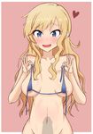  1girl areolae artist_request bikini blonde_hair blue_bikini blue_eye blush breasts erection heart holding holding_bikini_top idolmaster idolmaster_cinderella_girls long_hair looking_at_viewer medium_breasts micro_bikini nipples nude ootsuki_yui open_mouth out-of-frame_censoring penis_awe penis_silhouette pink_background shadow silhouette simple_background smile solo standing 