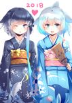  2girls :d :o absurdres animal_ears bangs blue_eyes blue_kimono blush commentary_request common_bottlenose_dolphin_(kemono_friends) dolphin dorsal_fin eyebrows_visible_through_hair head_fins heart highres japanese_clothes kanzakietc kemono_friends kimono looking_at_viewer multiple_girls narwhal narwhal_(kemono_friends) obi one_eye_closed open_mouth parted_lips sash short_hair short_hair_with_long_locks sidelocks smile standing transparent_background 
