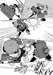  anchor animal_hood bangs broken broken_weapon bullet bunny_hood coat comic commentary covering_head crack damaged explosion eyebrows_visible_through_hair faceless flat_cap folded_ponytail greyscale hair_ornament hairclip hat hibiki_(kantai_collection) hood hood_up hoodie horizon ikazuchi_(kantai_collection) inazuma_(kantai_collection) innertube kantai_collection kikuzuki_(kantai_collection) lightning_bolt lightning_bolt_hair_ornament long_hair long_sleeves looking_to_the_side machinery medium_hair meitoro miniskirt monochrome motion_lines multiple_girls ocean outdoors outstretched_arms pigeon-toed pleated_skirt rensouhou-chan ricocheting rigging running school_uniform serafuku shirayuki_(kantai_collection) sidelocks sideways_hat skirt slit_pupils smokestack sound_effects spinning thigh_strap thighhighs translated turret v-shaped_eyebrows weapon zettai_ryouiki 