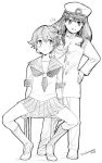  1boy 1girl bangs cosplay couple crossdressing eyebrows_visible_through_hair greyscale hat hetero hibiki_yuuta long_hair monochrome neckerchief pants peaked_cap pleated_skirt sailor_collar school_uniform serafuku shoes short_hair skirt ssss.gridman takarada_rikka torajimaneko 