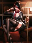  black_hair book bookshelf breasts bustier cleavage fiora_laurent glasses hair_bun hair_over_one_eye highres indoors large_breasts league_of_legends liang_xing looking_at_viewer multicolored_hair nail_polish ruler scarf short_hair sitting solo thighhighs two-tone_hair 