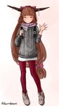  alternate_costume artist_name bangs blunt_bangs bow brown_eyes brown_hair casual contemporary full_body gradient gradient_background grey_sweater hair_bow hand_up highres horns ibuki_suika kanrobi long_hair looking_at_viewer low-tied_long_hair pantyhose pink_background pink_bow red_bow red_legwear scarf shoes solo standing sweater touhou twitter_username very_long_hair waving white_background white_footwear 