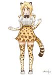  animal_ears artist_name black_neckwear blonde_hair blush bow bowtie commentary_request cosplay elbow_gloves eyebrows_visible_through_hair full_body fur_collar gloves hair_over_shoulder high-waist_skirt ichii_yui jaguar_(kemono_friends) jaguar_(kemono_friends)_(cosplay) jaguar_ears jaguar_print jaguar_tail kemono_friends looking_down low_twintails multicolored multicolored_clothes multicolored_legwear orange_legwear orange_skirt parted_lips pleated_skirt seiyuu_connection shirt shoe_bow shoes short_sleeves signature simple_background skirt solo standing tail thighhighs tsuda_minami twintails umiroku white_background white_footwear white_shirt yellow_eyes yuyushiki zettai_ryouiki 