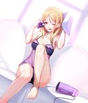  ;d absurdres arm_behind_head barefoot blonde_hair braid breasts cellphone cleavage commentary_request crown_braid dutch_angle ginopi hair_dryer highres holding holding_phone knee_up lingerie long_hair love_live! love_live!_sunshine!! medium_breasts ohara_mari one_eye_closed open_mouth panties phone sitting smartphone smile solo talking_on_phone toes towel underwear yellow_eyes 