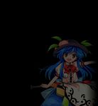  :d antinomy_of_common_flowers apron bangs black_background blue_hair bow bowtie eyebrows_visible_through_hair food fruit harukawa_moe hat hinanawi_tenshi holding long_hair looking_at_viewer official_art open_mouth peach puffy_short_sleeves puffy_sleeves red_eyes red_neckwear short_sleeves simple_background smile solo standing touhou 