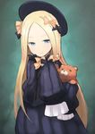  abigail_williams_(fate/grand_order) arashishi bangs black_bow black_dress black_hat blonde_hair blue_eyes blush bow bug butterfly closed_mouth commentary_request dress fate/grand_order fate_(series) forehead green_background hair_bow hat highres insect long_hair long_sleeves looking_at_viewer object_hug orange_bow orion_(fate/grand_order) parted_bangs polka_dot polka_dot_bow sketch sleeves_past_fingers sleeves_past_wrists smile stuffed_animal stuffed_toy teddy_bear very_long_hair 