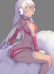  :q altera_(fate) altera_the_santa ass back bangs bikini blush body_writing breasts butt_crack choker cleavage closed_mouth colored_eyelashes dark_skin detached_sleeves earmuffs eyebrows_visible_through_hair eyelashes fate/grand_order fate_(series) from_side grey_background leaning_forward long_sleeves looking_at_viewer looking_to_the_side mittens naughty_face nikuku_(kazedesune) red_bikini red_choker red_eyes silver_hair simple_background sitting small_breasts solo spread_legs straddling swimsuit tattoo tongue tongue_out veil 