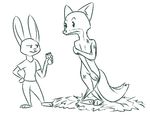  2016 anthro barefoot canine clothed clothing covering covering_chest covering_crotch disney duo female fox green_and_white hand_on_hip holding_object judy_hopps lagomorph male mammal monochrome nick_wilde nude rabbit shaved shears simple_background standing tggeko white_background zootopia 