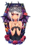  bangs bare_shoulders bat_wings black_dress black_wings blush breasts closed_mouth collarbone cross cross_necklace dark_skin dress fake_horns flower gem hands_on_own_chest heart heart_cutout highres jewelry lips looking_at_viewer medium_breasts necklace nose_blush ntk_(7t5) original purple_flower purple_rose red_eyes red_flower red_rose rose shiny shiny_hair shiny_skin sidelocks silver_hair smile spikes strapless strapless_dress upper_body wings wrist_cuffs 