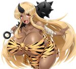  1girl :d armpits bandage bangs blonde_hair breasts cleavage club cowboy_shot dark_skin eyebrows eyebrows_visible_through_hair fang gigantic_breasts holding holding_weapon horn leaning_forward long_hair looking_at_viewer monster_girl monster_musume_no_iru_nichijou ogre open_mouth orange_eyes pointy_ears solo spiked_club thighs tiger_print tionishia tongue very_long_hair virusotaku white_background 
