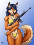  ar-15 assault_rifle beauty_mark bikini blue_hair bra brown_eyes canine carmelita_fox clothed clothing fox fully_clothed fur gun hair heresy_(artist) mammal multicolored_fur multicolored_tail orange_fur ranged_weapon rifle sly_cooper_(series) smile solo swimsuit underwear video_games weapon 