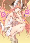  absurdres back bare_shoulders blue_eyes breasts chin_rest circe_(fate/grand_order) fate/grand_order fate_(series) hairband high_heels highres light_smile long_hair looking_at_viewer medium_breasts pink_eyes pink_hair platform_footwear pointy_ears sandals sideboob solo squatting tonyxx50 wings 