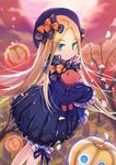  abigail_williams_(fate/grand_order) bangs bare_tree black_bow black_dress black_hat blonde_hair bloomers blue_eyes bow bug butterfly cloud cloudy_sky commentary_request dress eyebrows_visible_through_hair fate/grand_order fate_(series) hair_bow hat insect jack-o'-lantern jin_young-in long_hair long_sleeves looking_at_viewer noose object_hug orange_bow outdoors parted_bangs parted_lips polka_dot polka_dot_bow rope sky sleeves_past_wrists solo stuffed_animal stuffed_toy teddy_bear tree underwear v-shaped_eyebrows very_long_hair white_bloomers 