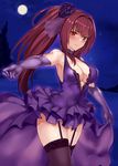  bad_id bad_pixiv_id bangs black_legwear blush breasts cleavage closed_mouth commentary_request dress elbow_gloves fate/grand_order fate_(series) full_moon garter_straps gloves hair_intakes jirusu large_breasts long_hair looking_at_viewer moon night outdoors outstretched_arm ponytail purple_dress purple_gloves purple_hair red_eyes scathach_(fate)_(all) scathach_(fate/grand_order) sidelocks solo standing thighs 