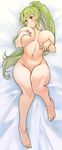  bed_sheet blush breasts closed_mouth covering_nipples full_body grabbing_own_breast green_hair high_ponytail highres huge_breasts long_hair looking_to_the_side navel nude original ponytail sachito solo sumi-chan_(sachito) yellow_eyes 