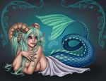  big_breasts blue_scales breasts capricorn_(symbol) capricorn_(zodiac) colored_nails green_hair hair harpyqueen horn lying purple_eyes scales side_boob solo watermark 