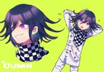  1boy ? bangs buttons chains checkered_scarf danganronpa kuzudon matching_hair/eyes new_danganronpa_v3 open_mouth ouma_kokichi pants purple_eyes purple_hair scarf shirt short_hair side_bangs simple_background smile solo straitjacket white_shirt 