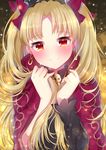  akirannu bangs blonde_hair blush cape earrings ereshkigal_(fate/grand_order) eyebrows_visible_through_hair fate/grand_order fate_(series) hair_ribbon highres holding holding_hair hoop_earrings jewelry long_hair looking_at_viewer parted_bangs red_cape red_eyes red_ribbon ribbon single_sleeve skull smile solo tearing_up tiara two_side_up upper_body 