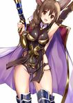  :d arm_up armor armored_boots armpits bangs black_leotard boots braid breasts brown_eyes brown_hair commentary_request cosplay esser esser_(cosplay) eyebrows_visible_through_hair finger_on_trigger granblue_fantasy gun haik hair_between_eyes holding holding_gun holding_weapon idolmaster idolmaster_cinderella_girls leotard long_hair looking_at_viewer medium_breasts open_mouth satou_rina seiyuu_connection senkawa_chihiro side_braid sidelocks simple_background smile solo thighs weapon white_background 