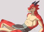  anthro anus armor black_horn brawlhalla clothing dragon draw_me_like_one_of_your_french_girls horn loincloth looking_at_viewer lying male ragnir_brawlhalla red_scales repzzmonster scales simple_background slim slit solo teeth 