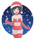  1girl black_hair breasts candy christmas gloves hat highres jingle_bell kunaless long_socks merry_christmas mizuki_(pokemon_sm) open_mouth pokemon pokemon_(game) pokemon_sm red_clothes red_dress red_gloves red_skirt santa_costume santa_hat short_hair sleeveless smile snowing solo standing thighhighs 