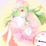  :o absurdres chain curled_fingers gradient gradient_background green_hair hair_over_one_eye hat head_on_pillow highres kazami_yuuka kazami_yuuka_(pc-98) knees_up light_particles long_hair long_sleeves looking_at_viewer nightcap nightgown pillow pillow_hug pocket_watch red_eyes ria_(917_ria) roman_numerals signature touhou touhou_(pc-98) watch 