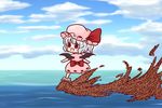  :d bangs batta_(ijigen_debris) blue_hair blue_sky blush bow chibi cloud cloudy_sky commentary_request day dress fang food hat mob_cap nattou ocean open_mouth outdoors pink_dress pink_hat red_bow red_eyes remilia_scarlet short_hair sky smile solo surfing touhou water_surface waterskiing_(meme) wings 