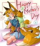  absurdres animal_ears apron baby bad_feet barefoot belt blue_shirt blue_shorts brown_eyes brown_hair closed_eyes closed_mouth commentary_request doitsuken eighth_note fox_ears fox_tail green_shirt heart highres hug kiss lap_pillow long_sleeves mole mole_under_eye mother's_day mother_and_child multiple_girls musical_note original shirt short_hair short_over_long_sleeves short_sleeves shorts sitting sleeping slit_pupils smile speech_bubble spoken_heart spoken_musical_note spoken_zzz striped striped_shirt tail tail_pillow yellow_shorts zzz 