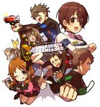  4boys 4girls ;d aira_tekkan aira_tekkan_(cosplay) akaza_banban akaza_banban_(cosplay) akuno_hideo bandaid bandaid_on_face black_gloves brown_eyes brown_hair chain clenched_hand cosplay doggie_kruger doggie_kruger_(cosplay) enari_senichi enari_senichi_(cosplay) english falling finger_gun frame_(idolmaster) gloves heart holding holding_weapon hori_yuuko idolmaster idolmaster_cinderella_girls idolmaster_side-m katagiri_sanae kimura_ryuu kodou_koume kodou_koume_(cosplay) multiple_boys multiple_girls oikawa_shizuku one_eye_closed open_mouth p-head_producer pantyhose parody ponytail reimon_marika reimon_marika_(cosplay) s.p.d._uniform senkawa_chihiro sexy_guilty sharp_teeth shingen_seiji shinonoko_(tubamecider) shiratori_swan shiratori_swan_(cosplay) short_hair simple_background smile teeth tokusou_sentai_dekaranger tomasu_houji tomasu_houji_(cosplay) uniform weapon white_background 