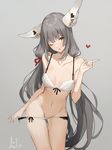 aiko_(kanl) animal_ears ass_visible_through_thighs bangs bare_arms bare_shoulders bow bow_bra bra breasts collarbone contrapposto cowboy_shot eyebrows_visible_through_hair grey_background grey_hair hand_up heart highres index_finger_raised long_hair navel niyah one_eye_closed panties panty_pull pulled_by_self simple_background small_breasts solo spoilers standing thigh_gap underwear white_bra white_panties xenoblade_(series) xenoblade_2 