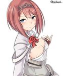  absurdres ark_royal_(kantai_collection) blue_eyes breasts brown_gloves cleavage corset fingerless_gloves gloves hairband highres jacket kantai_collection kiritto long_sleeves medium_breasts red_hair red_ribbon ribbon short_hair simple_background solo tiara twitter_username white_background white_corset white_jacket 