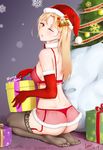  ;o absurdres ass azur_lane back bangs bare_back bare_shoulders bell black_legwear blonde_hair blush box bra breasts carpet christmas christmas_tree cleveland_(azur_lane) dimples_of_venus earrings elbow_gloves feet from_behind full_body fur-trimmed_skirt fur_collar garter_straps gift gift_box gloves hair_bell hair_ornament hat highres jewelry long_hair looking_at_viewer looking_back medium_breasts merry_christmas on_floor one_eye_closed open_mouth panties parted_bangs pink_skirt plantar_flexion red_bra red_eyes red_gloves red_hat red_panties rosaline sack saliva santa_hat see-through seiza sideboob sitting skirt snowflake_earrings snowflake_hair_ornament soles solo star star_print thong toes underwear 